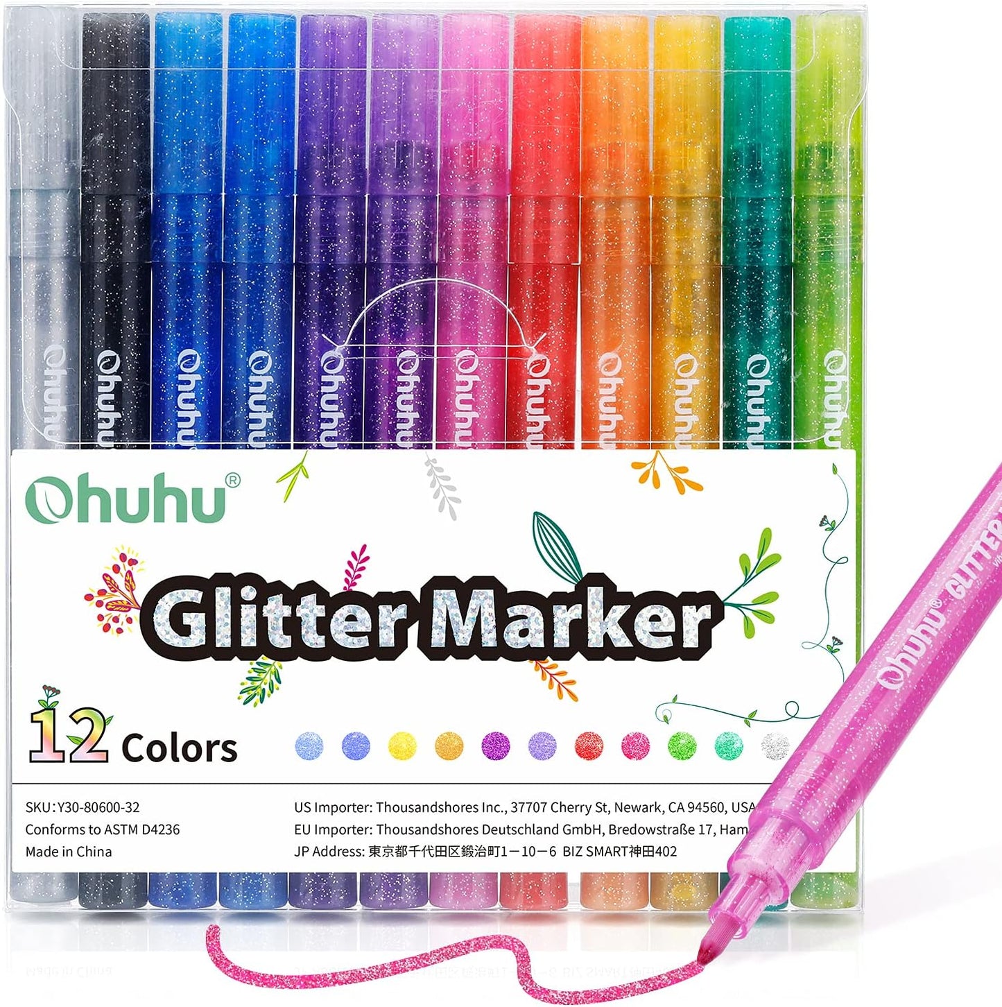 Water-based Ink Glitter Markers Pen for Kids (12 Colors)
